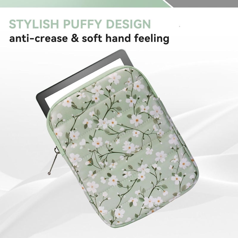 Clezolraa 6-7 Inch Puffy Sleeve Case for 7" Kindle Paperwhite 12th Gen/Colorsoft 2024, 6.8" Kindle Paperwhite 11th Gen, 6" Kindle 11th Gen 2024/2022, Oasis, Protective Pouch Bag, Green Floral - Image 3